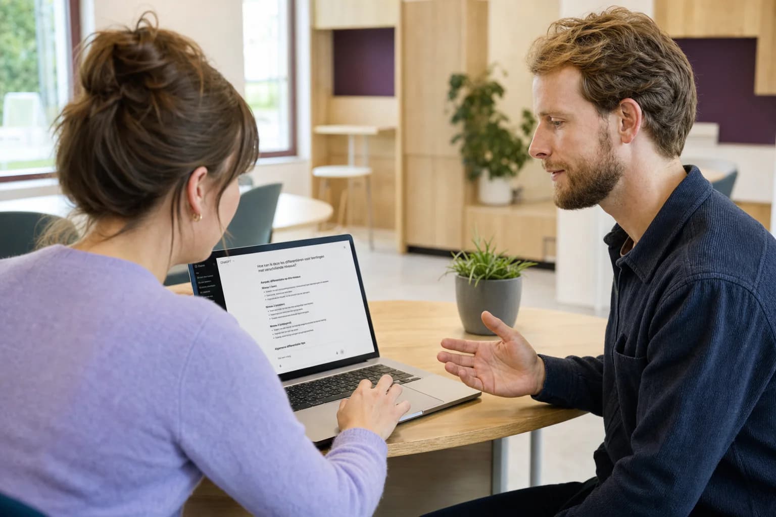 Tom Naberink bespreekt met een docent hoe ChatGPT kan ondersteunen bij differentiatie.