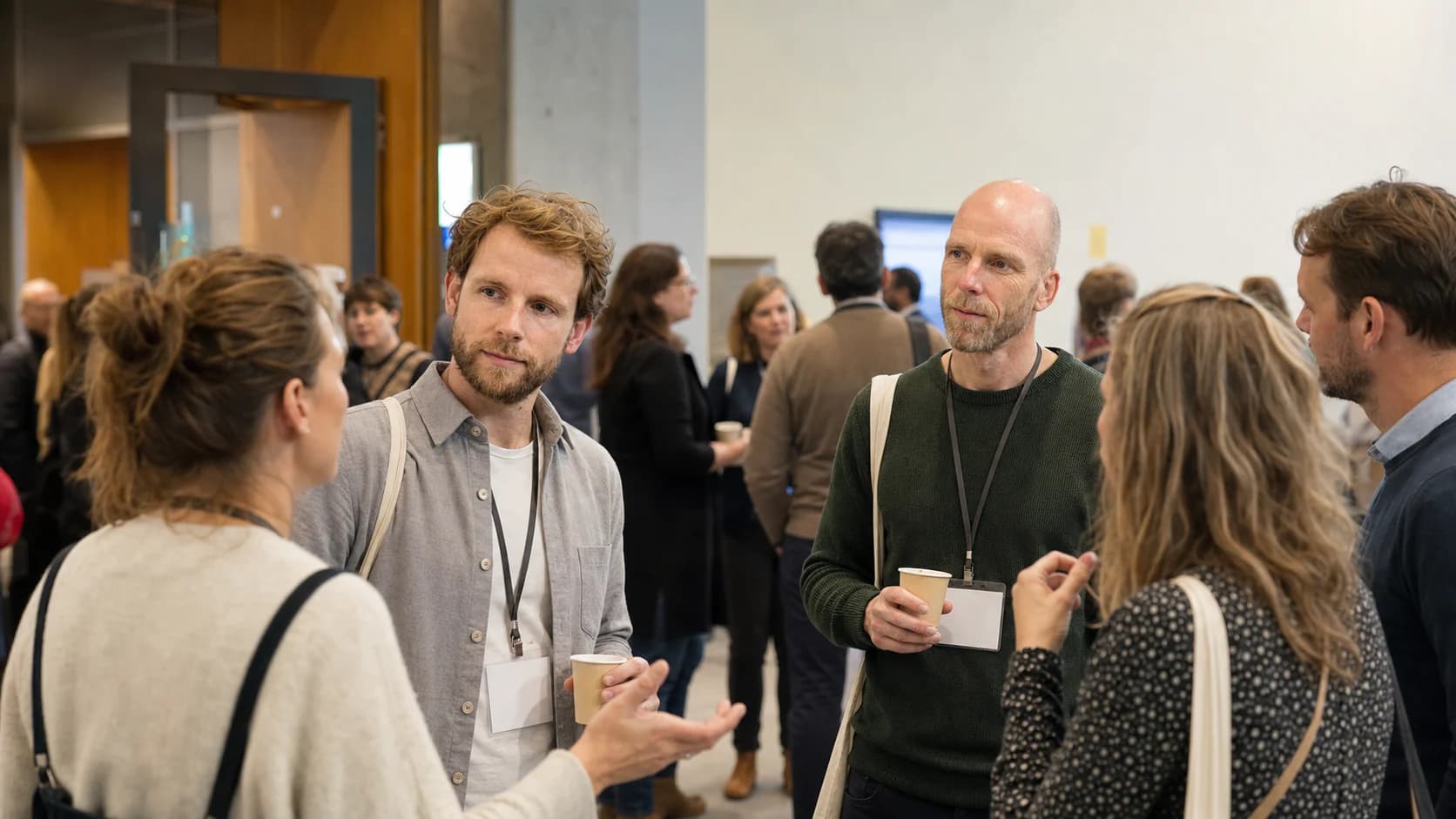 Tom Naberink en Marcel Mutsaarts spreken met congresdeelnemers in de foyer.
