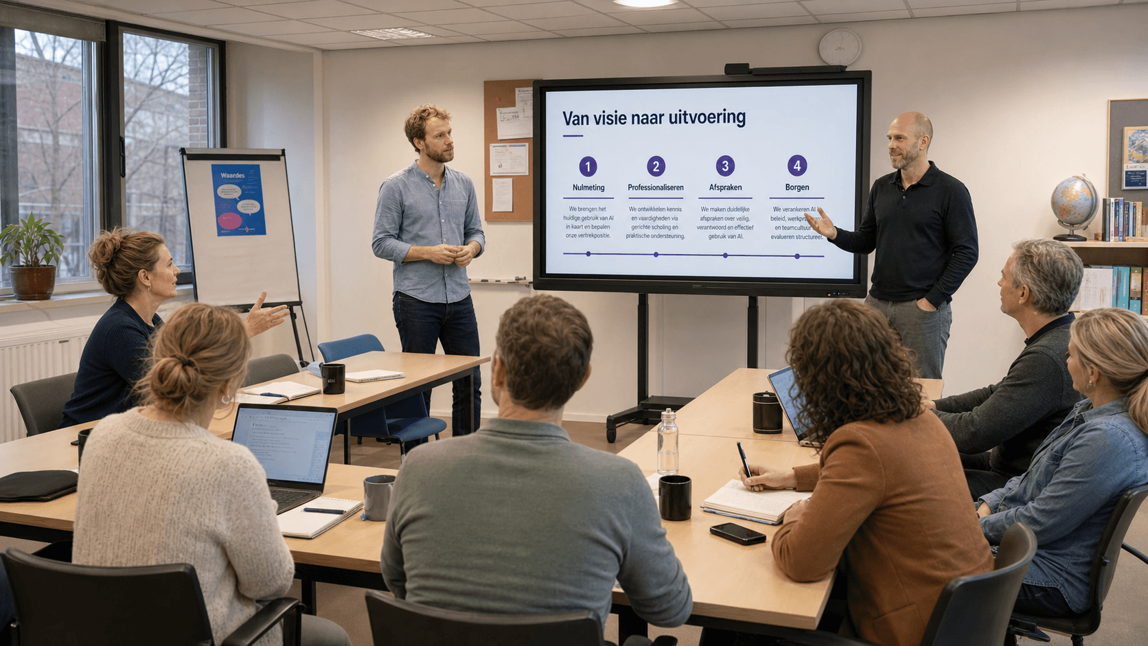 Tom Naberink en Marcel Mutsaarts bespreken in een interactieve opstelling de AI-aanpak van een schoolteam.