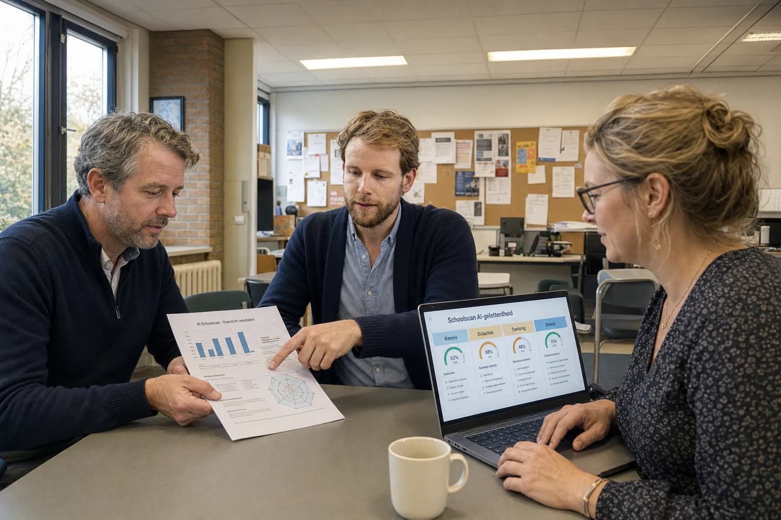 Tom Naberink bespreekt met een schoolteam de resultaten van de AI-Schoolscan.