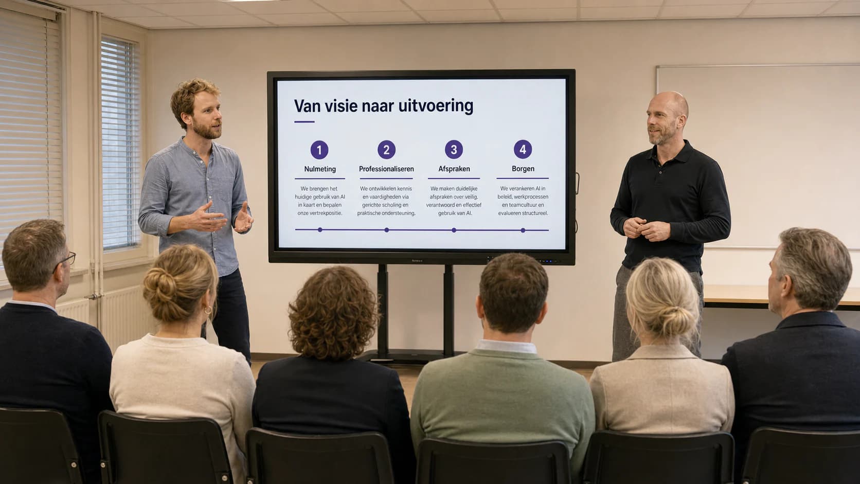 Tom Naberink en Marcel Mutsaarts werken met een schoolteam aan een routekaart voor AI-beleid en professionalisering.