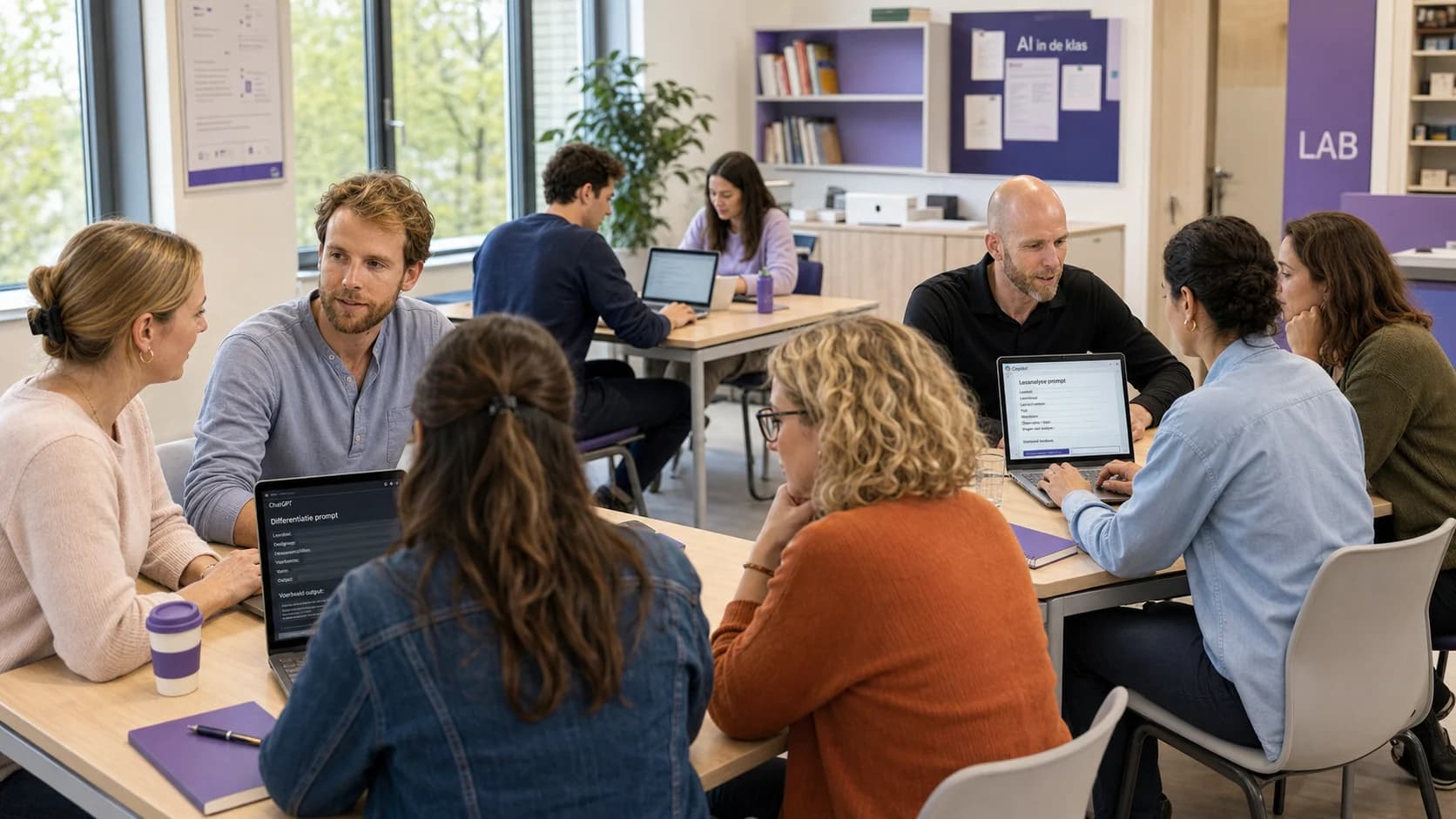 Tom Naberink en Marcel Mutsaarts begeleiden docenten tijdens een praktische AI-workshop.