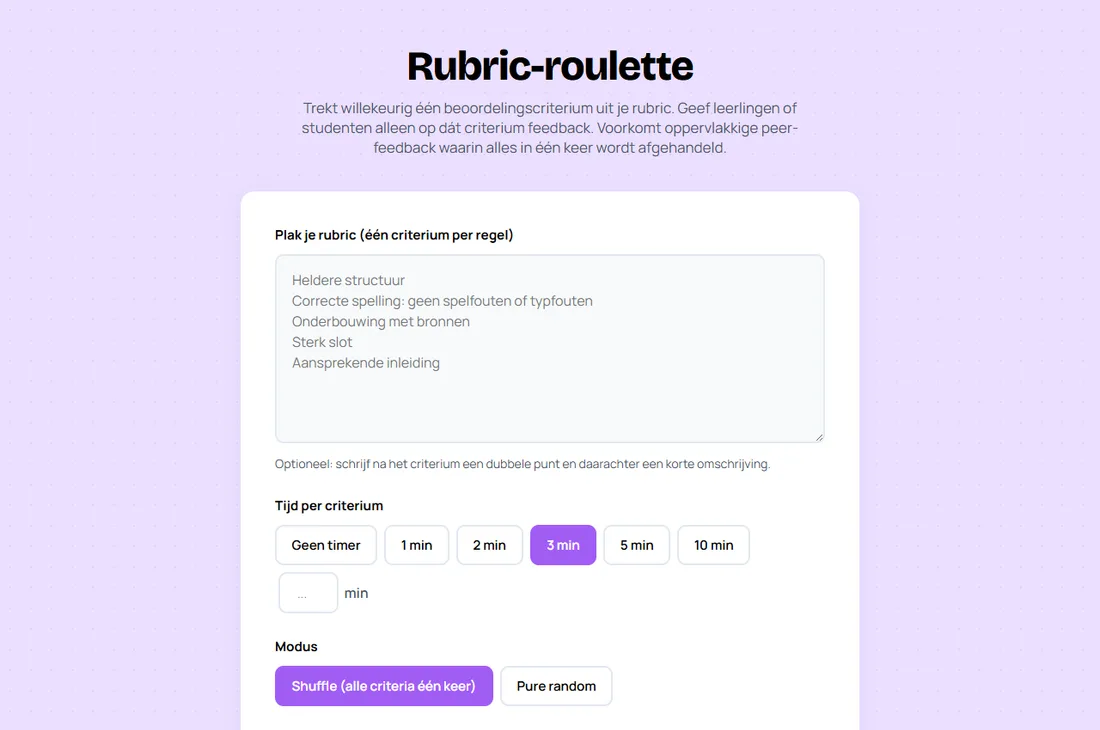 Schermafbeelding van Rubric-roulette