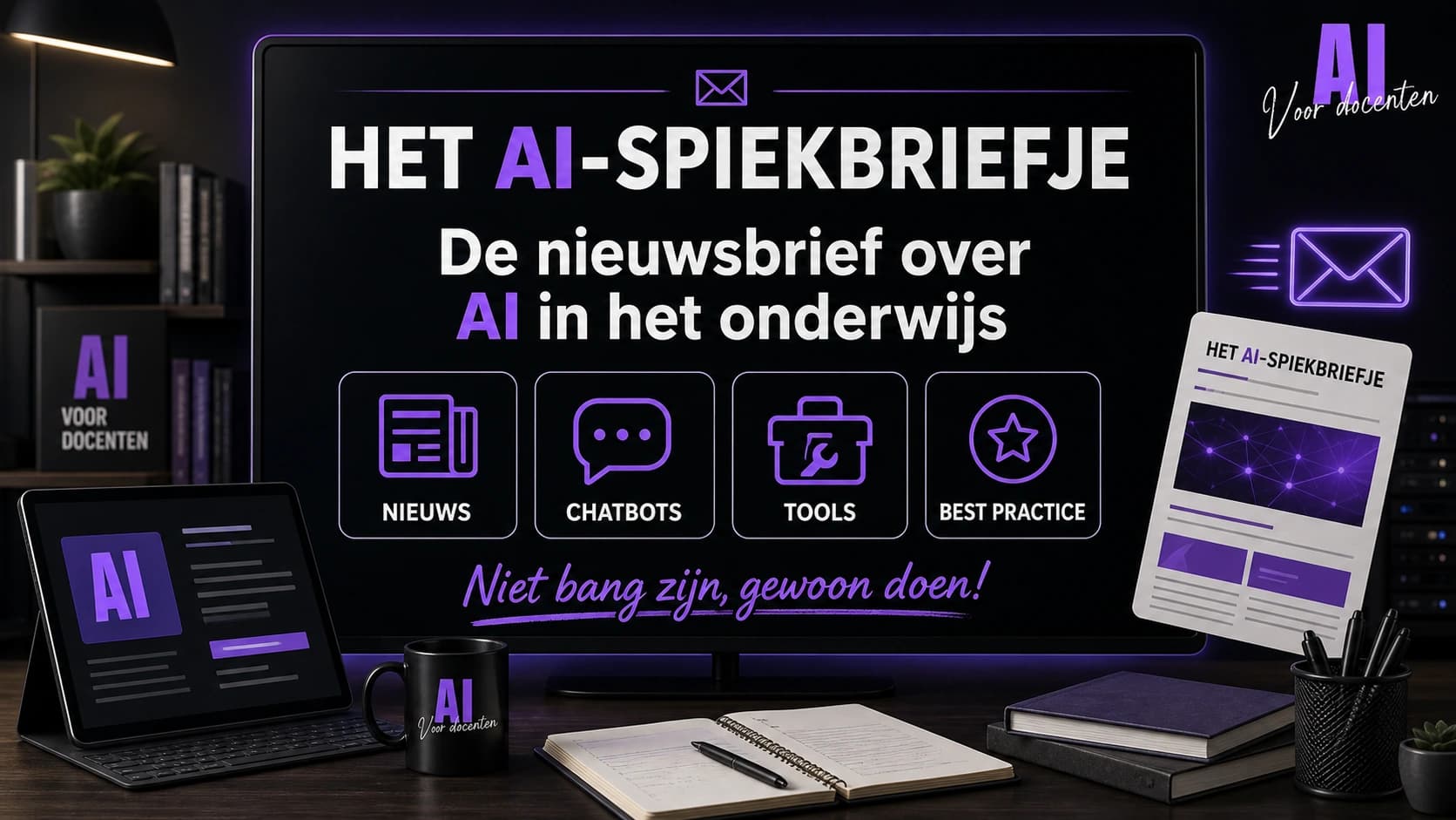 Promobeeld voor het gratis wekelijkse AI-spiekbriefje over AI in het onderwijs.