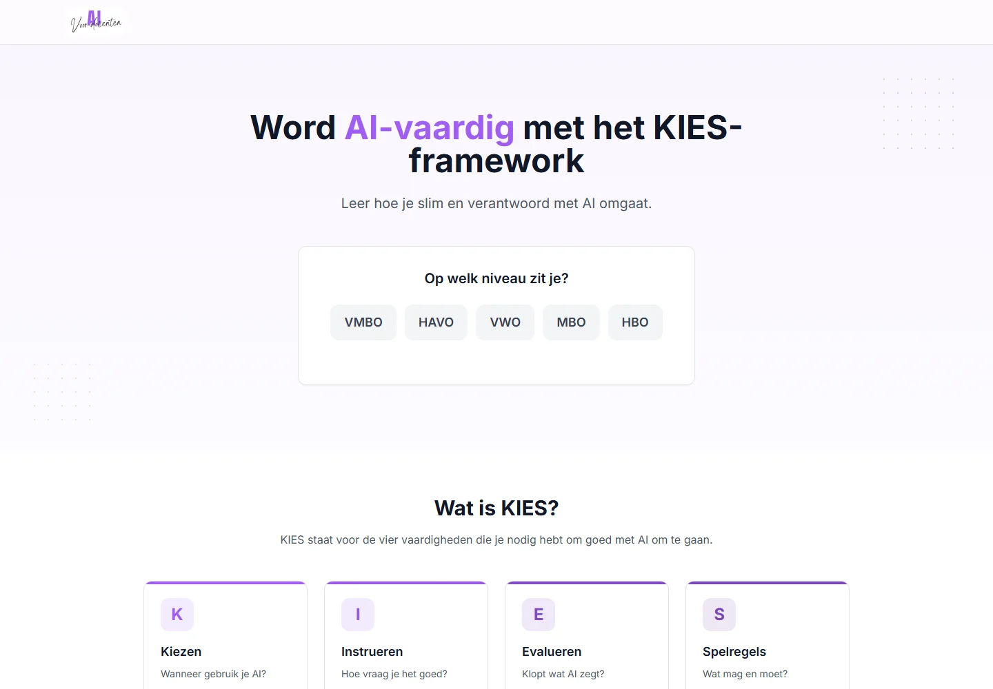 Startscherm van de KIES-app met niveaus en de vier KIES-onderdelen