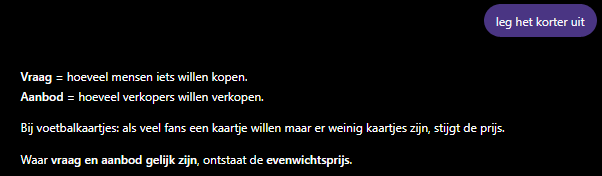Kortere uitleg van AISHA over vraag, aanbod en de evenwichtsprijs bij voetbalkaartjes