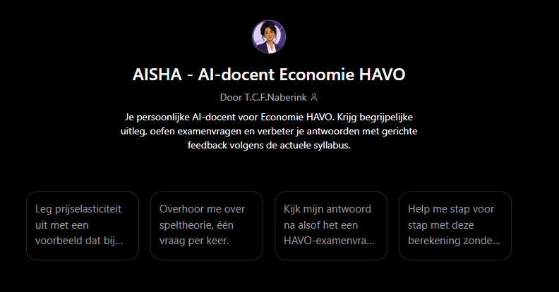 Startscherm van AISHA, de AI-docent Economie HAVO, met vier voorbeeldvragen