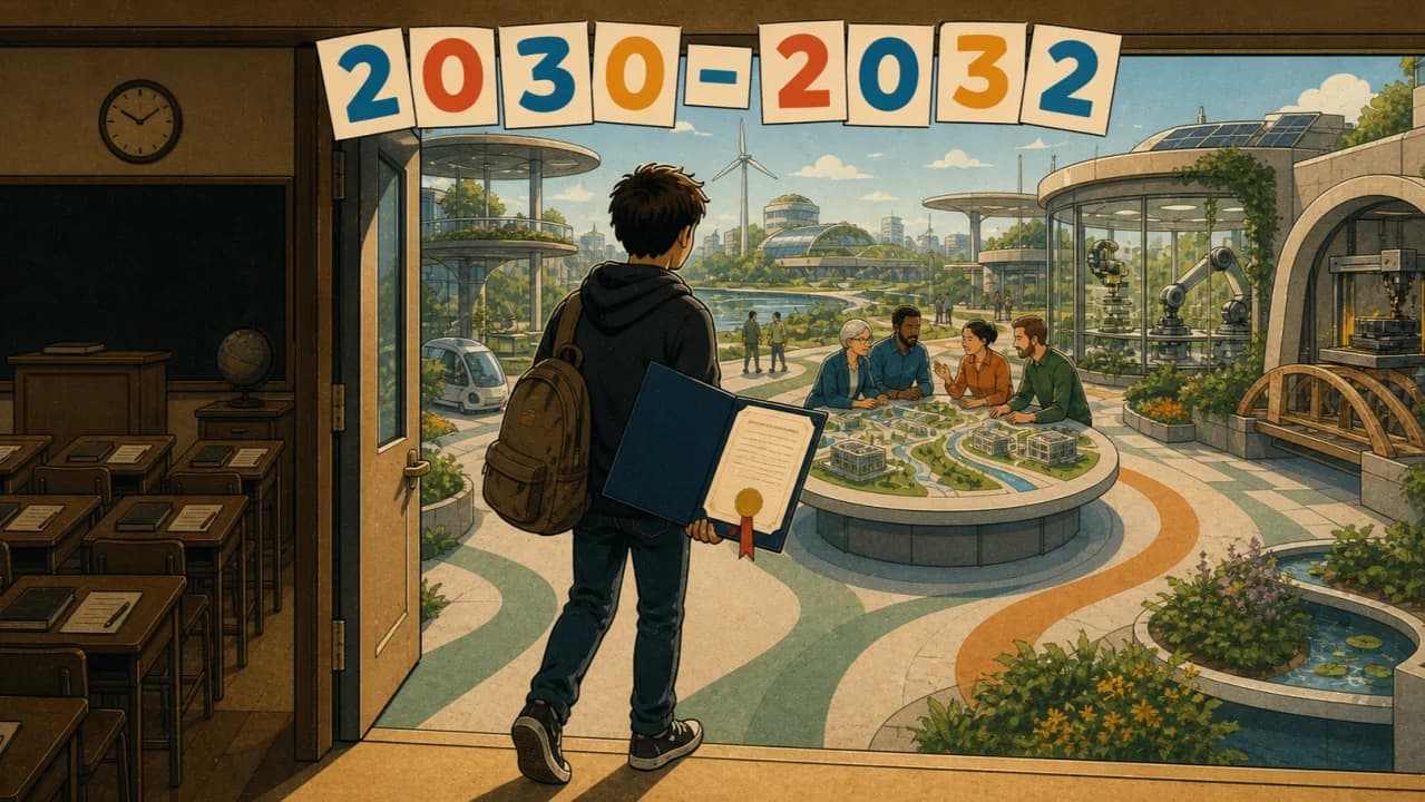 Leerling stapt vanuit een klassiek klaslokaal een groene futuristische wereld van 2030-2032 binnen