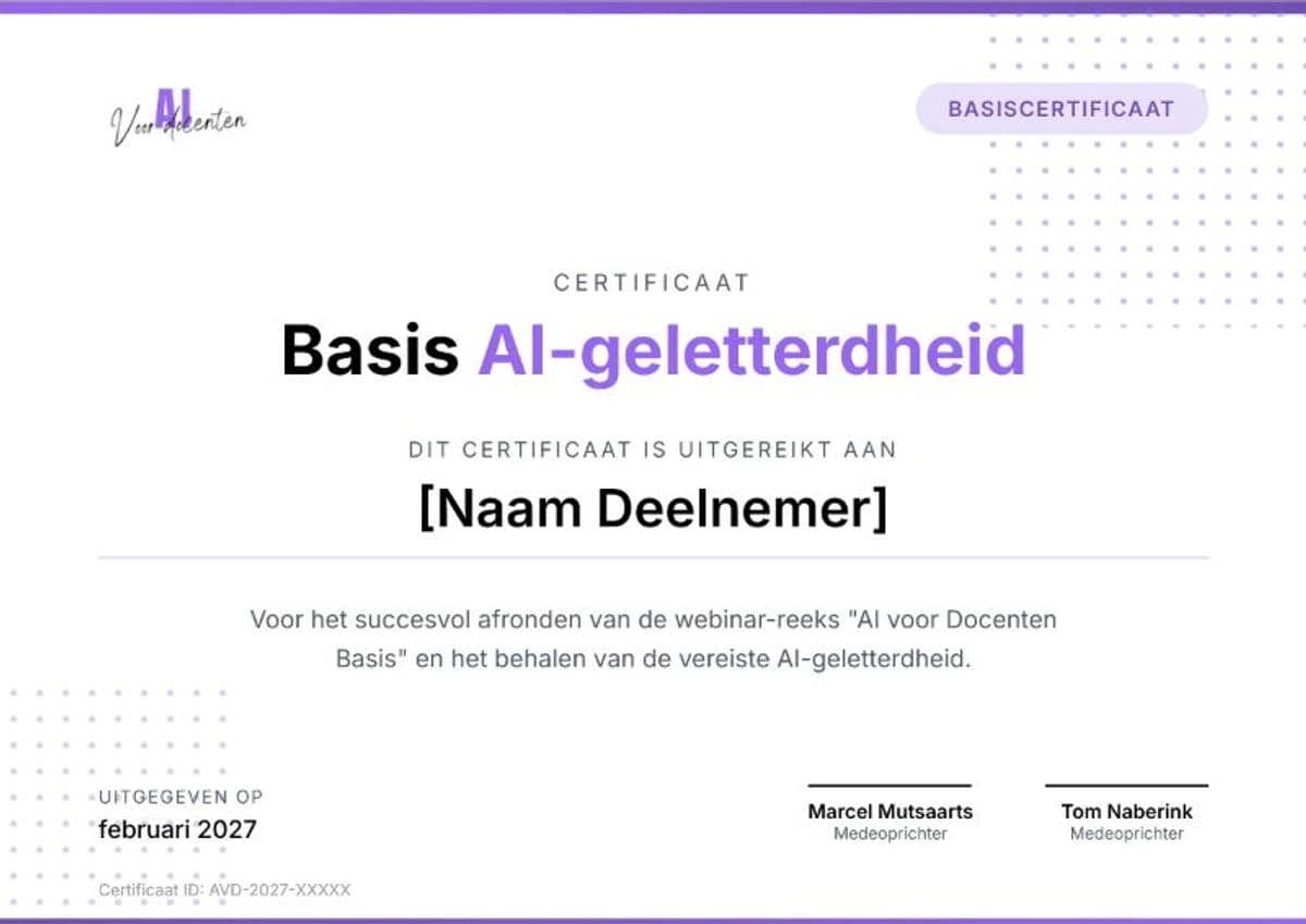 Voorbeeld van het certificaat Basis AI-geletterdheid