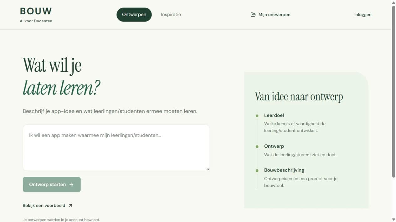 Startscherm van de BOUW-app: een app-idee invoeren en werken aan leerdoel, ontwerp en bouwbeschrijving
